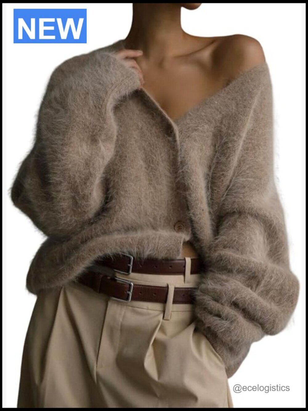 Women's Fuzzy V-Neck Cardigan Long Sleeve Button Down Knit Sweater